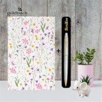 Goldbuch Blank Notebook A5 Size – Art Print with Gold Stamping|Scrikss Ball Point Pen Chrome Plated Brass Body Gold Plated Trims Twist Mechanism Noble 35 Series|V13 COMBO