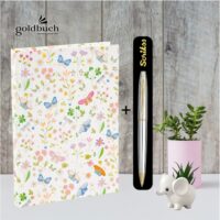 Goldbuch Blank Notebook A5 Size – Art Print with Gold Stamping|Scrikss Ball Point Pen Chrome Plated Brass Body Gold Plated Trims Twist Mechanism Noble 35 Series|V5 COMBO